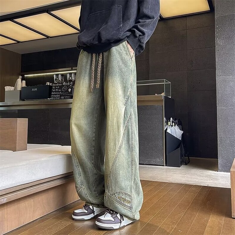 秋冬潮牌美式做旧水洗抽绳松紧牛仔裤男宽松潮流百搭阔腿长裤图片