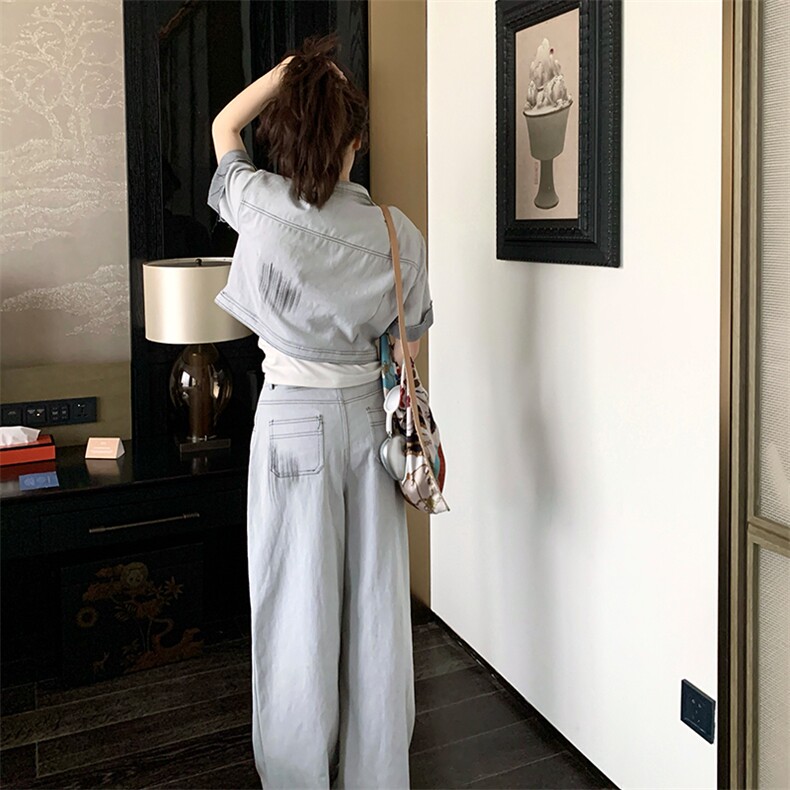 甜酷气质减龄牛仔套装女2025夏季新款设计感圆领上衣阔腿裤两件套,女装套装/套裙,浙宝220