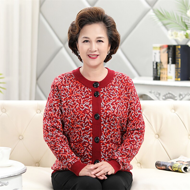 加厚羊毛衫女士中老年花色毛衣宽松针织外套秋冬开衫，女装中老年女装，亚东羊绒制品