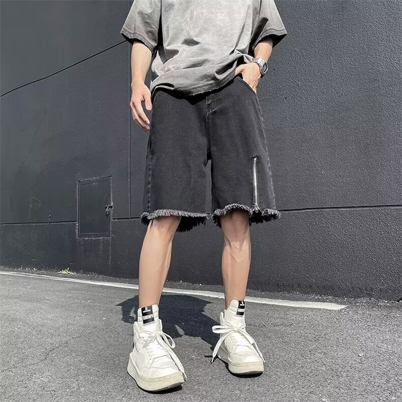日系宽松版牛仔短裤男薄款夏季美式vibe高街潮牌宽松毛边五分裤超,男装牛仔裤,星座601-2