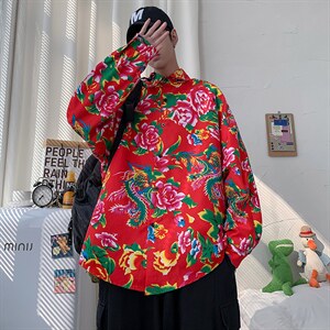 C203秋装长袖男士宽松东北大花港风衬衣外套民族特色牡丹花衬衣图片