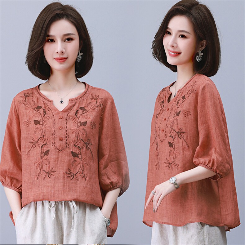 2025夏季纯苎麻刺绣简约气质宽松时尚休闲显瘦舒适上衣，女装衬衫，独衣靓