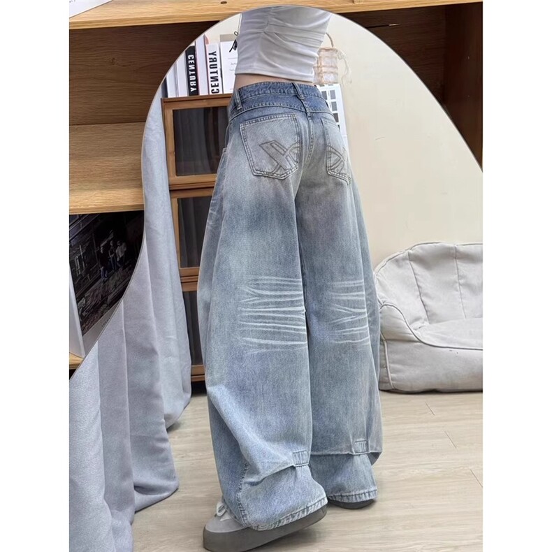 美式复古弯刀牛仔裤女秋冬季新款宽松直筒阔腿镰刀裤子,男装牛仔裤,星座506A