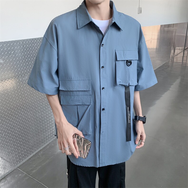 夏男短袖衬衫工装大口袋字母印花织带五分袖衬衣CS5013 P40图片
