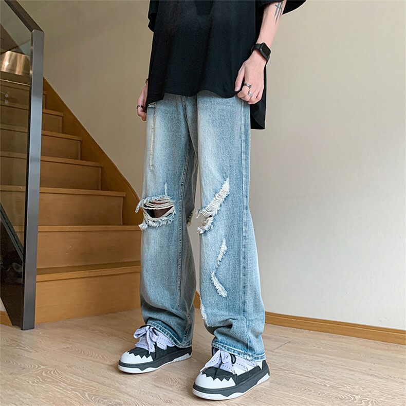 美式复古水洗破洞牛仔裤男ins高街潮牌宽松直筒阔腿长裤N1965-p45，男装牛仔裤，星座1008
