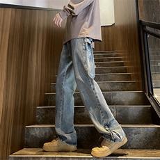 高街设计感拉链牛仔裤男春秋季美式复古宽松直筒拖地裤子HN07-P50，男装牛仔裤，星座1008