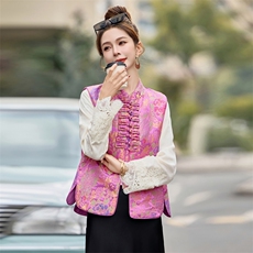 新中式国风马甲女2025春秋新款开衫提花叠穿坎肩马夹上衣套装复古，女装套装/套裙，悠米