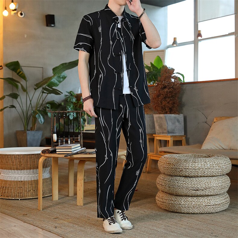 男士夏季风汉服棉麻透气舒适复古开衫唐装两件套HO6930-P65,男装民族服装,星座1105-3