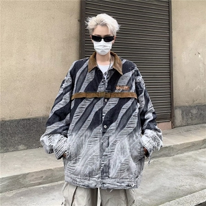 新款斑马纹外套男女ins潮牌破洞复古bf拼接灯芯绒领夹克J8616-P72图片