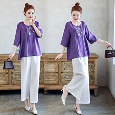 2021夏季新款文艺素雅复古刺绣休闲舒适棉麻两件套，女装套装/套裙，韩宇舍