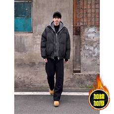 现货高品质重磅工艺美式高街假两件PU皮棉衣男女加厚棉服外套，男装棉衣，电商A443