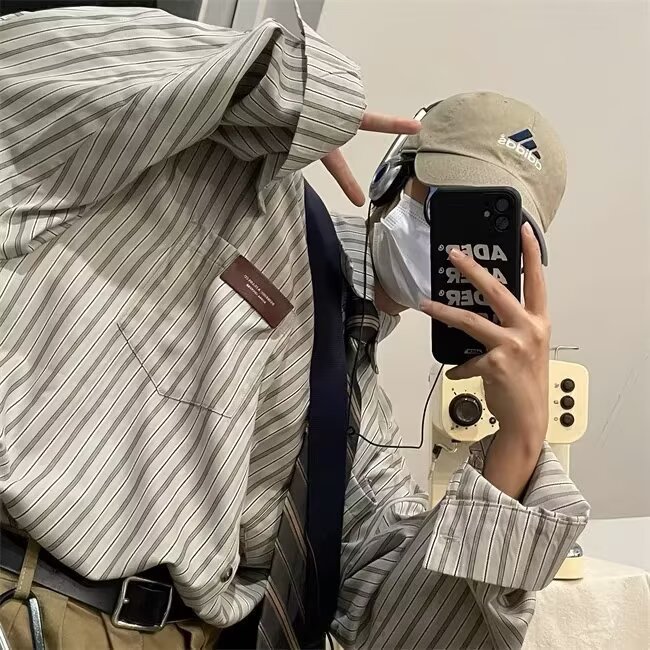 日系复古长袖条纹衬衫男女春秋新款休闲宽松港风翻领潮牌衬衣外套,男装衬衫,星座1210-1
