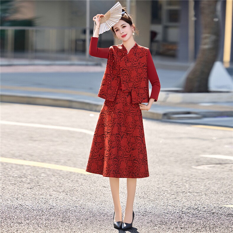 2026年春季新款女装时尚气质新中式提花三件套婚礼红色晚宴会礼服,女装套装/套裙,关键词