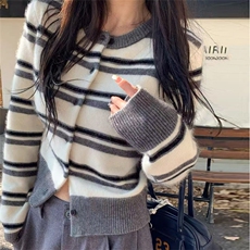 2025年秋季新款百搭女士条纹拼色系扣针织开衫,女装针织衫/毛衣,佑昭祥羊绒, 2025年秋季新款百搭女士条纹拼色系扣针织开衫,女装针织衫/毛衣,佑昭祥羊绒,