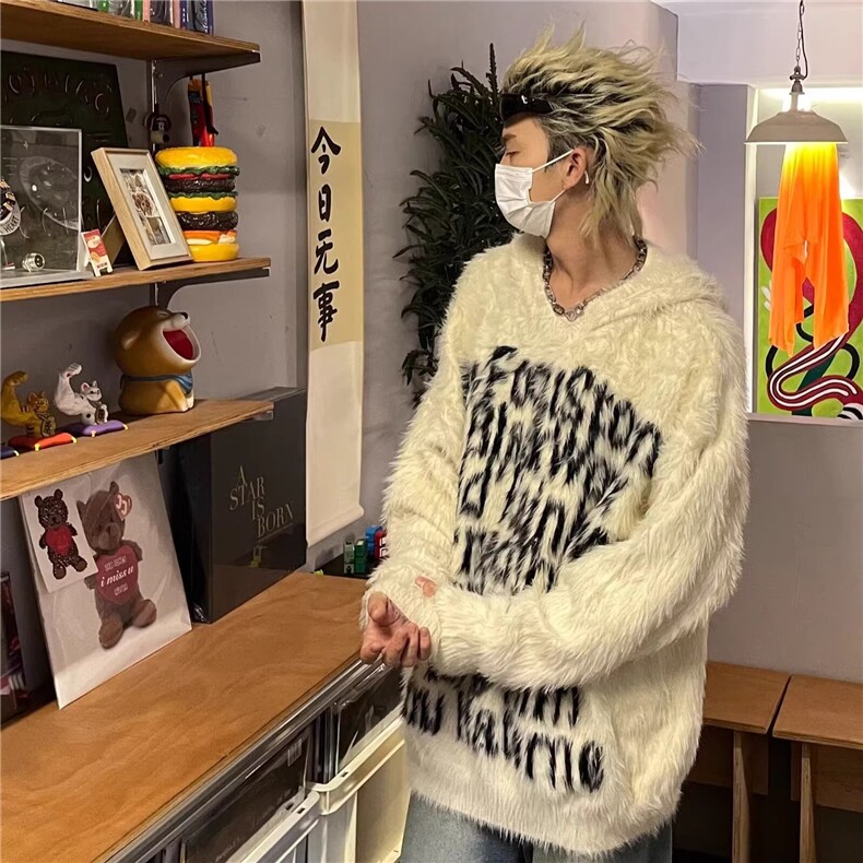 美式复古字母提花连帽毛衣男女高街宽松休闲情侣针织衫MY142-P49图片