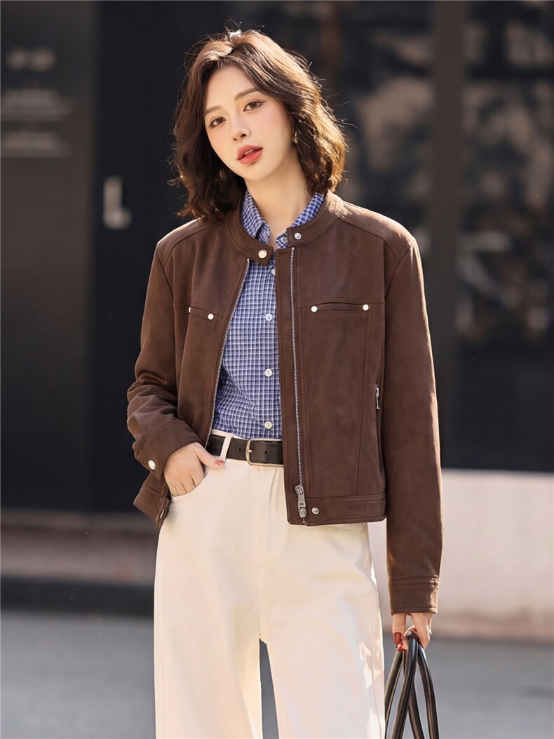 鹿皮绒女外套小个子短外套皮衣2026年春季女士拉链25-29周岁,女装短外套,悦祺