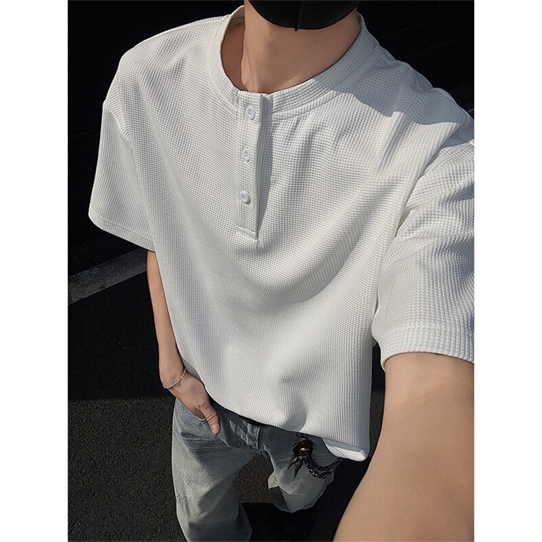 特批P15无差价夏季港风V领华夫格肌理感大码短袖T恤上衣中性T5118，男装T恤，电商A001-1