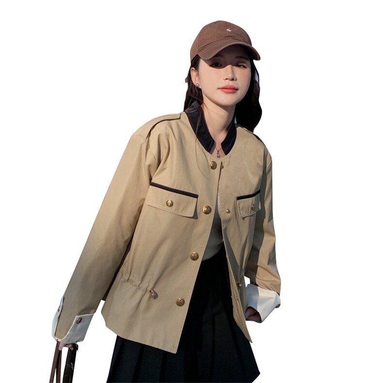 卡其色短风衣女春秋2024新款设计感抽绳收腰漂亮外套气质名媛上衣,女装短外套,帛香坊