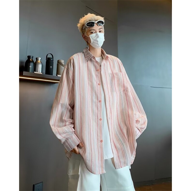 2024新款日系宽松竖条纹长袖衬衫情侣男女衬衣百搭现货W8312-P35,男装衬衫,星座512-4