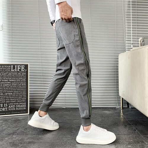 2025秋冬红华夫格裤子男韩版潮流拉链装饰修身小脚裤，男装休闲裤，电商A327