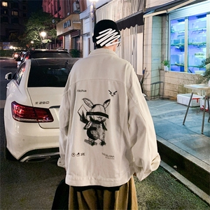 秋季印花港风男牛仔夹克学生卡通上衣情侣白色外套JK733-P70图片