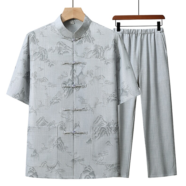 夏季风唐装中年短袖衬衫套装男士太极服宽松套装TR88605-P110,男装衬衫,星座1105-3