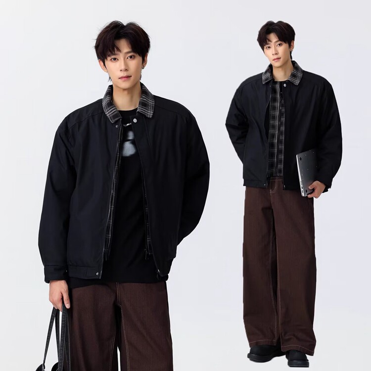 复古假两件飞行棉服夹克男格纹拼接棒球服美式休闲棕色外套,男装夹克,星座218-8