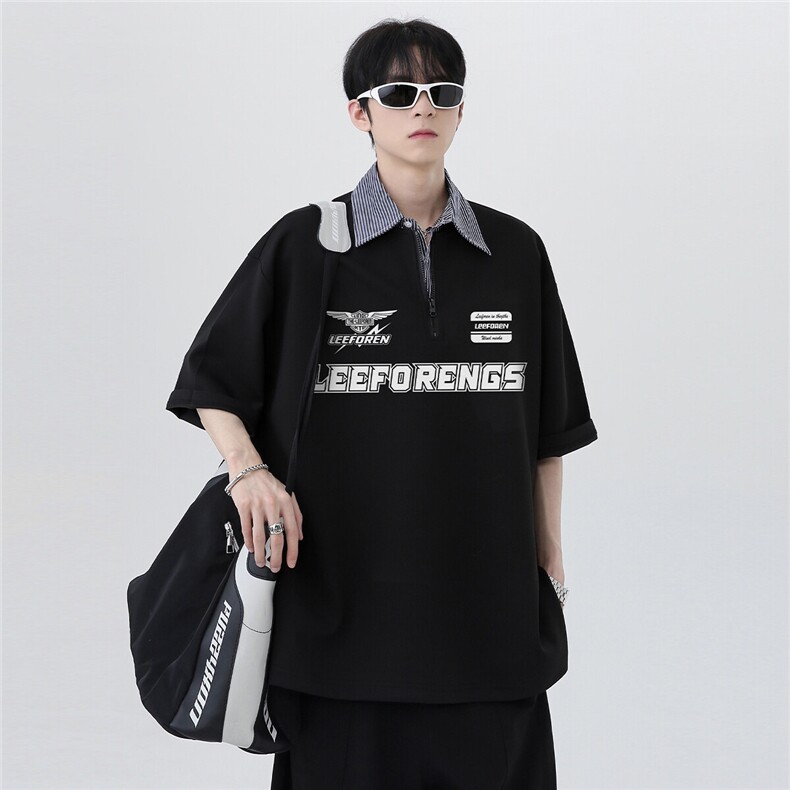 日系潮牌复古小众时尚假两件高级男女同款POLO衫短袖T恤T353-P48,男装Polo衫,电商C307
