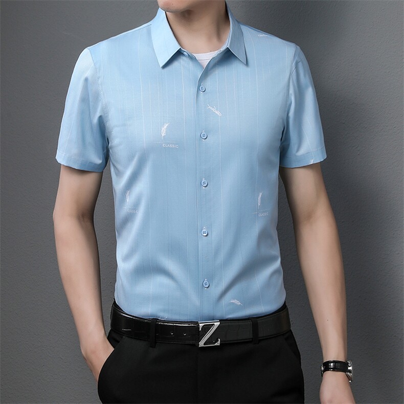 新品2024年夏季男士短袖衬衫翻领印花商务休闲中年爸爸装上衣P68图片