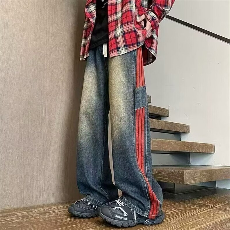 春秋新款男美式高街潮流风抽绳设计松紧腰条纹牛仔裤NA918-P45，男装牛仔裤，星座208-5