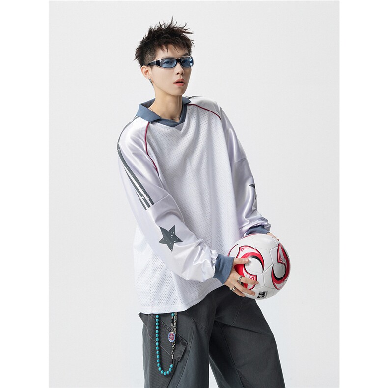 可二开美式POLO衫大码M-5XL拼接V领球衣长袖T恤男CX78111P45控69，男装Polo衫，星座226-1