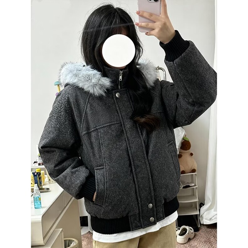 美式座山雕双拉链灰色连帽卫衣女秋冬宽松慵懒风开衫百搭短外套,女装短外套,星座506A