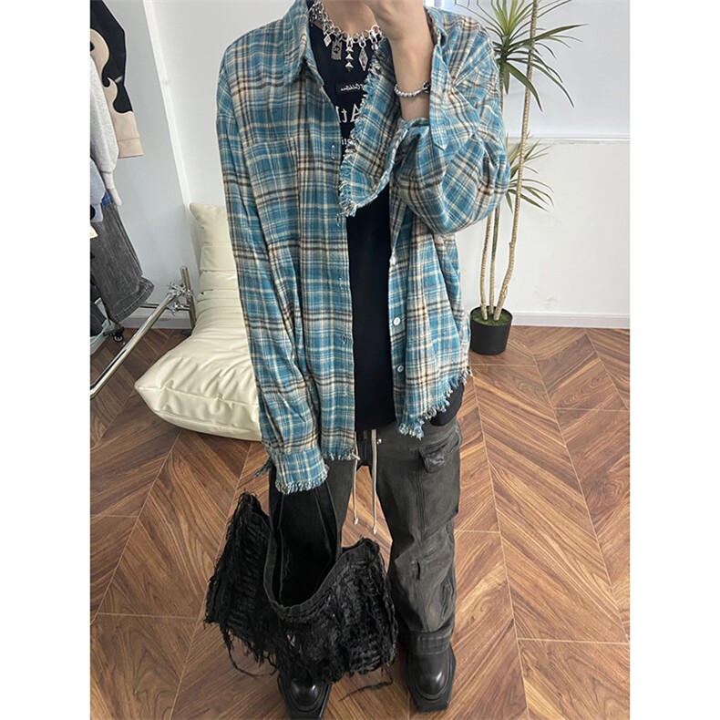 B221！美式ins高街暗黑小众毛边格子衬衫SY2320-P65控88,男装衬衫,电商B221
