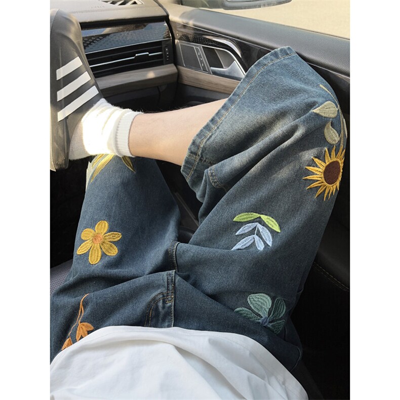 B221美式ins高街宽松花朵刺绣七分牛仔裤短裤LK25536-特P45控78,男装牛仔裤,电商B221