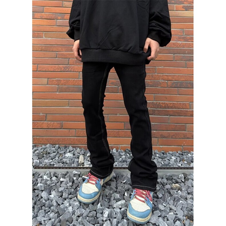 高街vibe长飘带微喇叭牛仔裤男直筒修身显瘦拖地微喇长裤 KH808图片
