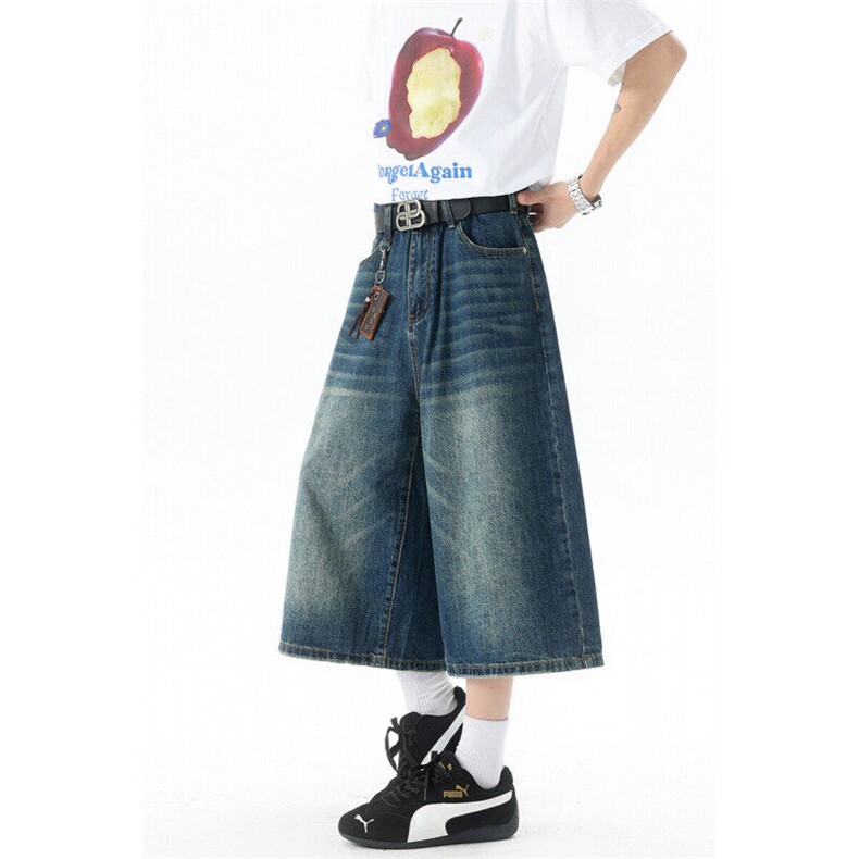 8XL-M阔腿7分牛仔裤夏复古水洗做旧直筒牛仔中裤男短裤K9136P50,男装牛仔裤,电商D206-1