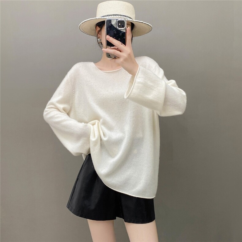 HE | 轻奢ji简 软糯baby山羊绒衫女圆领针织衫宽松慵懒毛衣打底衫图片