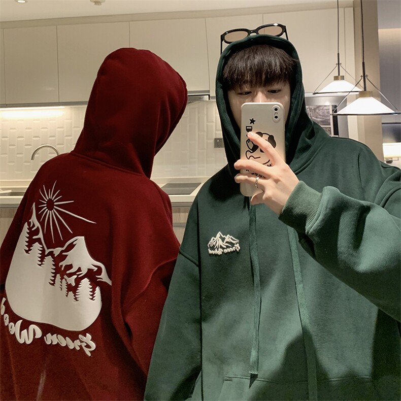 eq174发泡印花雪山图案连帽套头卫衣男女情侣装春装外套202新款，男装卫衣，电商C306-1