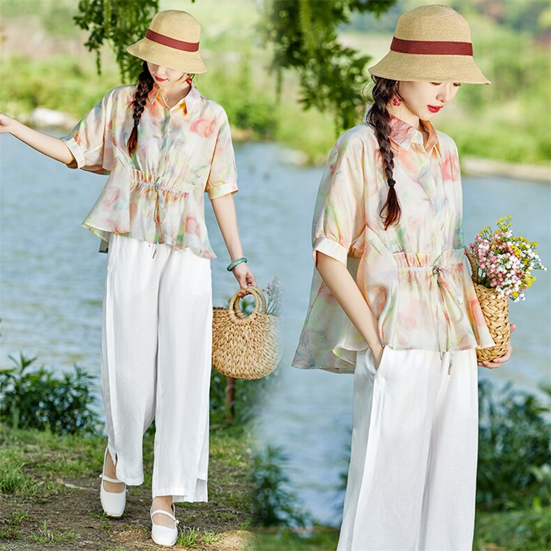 水衣源32110W天丝印花配亚麻裤套装（配吊带，裤有里布），女装套装/套裙，水衣源