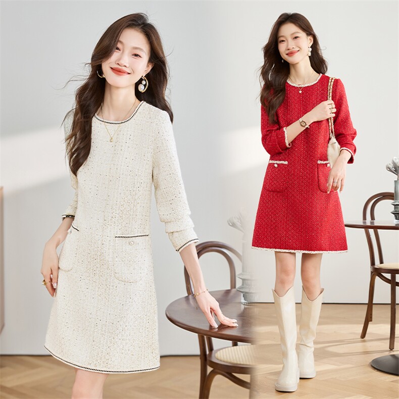 小香风连衣裙女中长款2025年春秋新款香莘料气质显瘦花边减龄裙子，女装连衣裙，香莘料