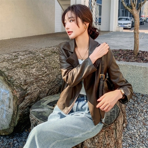 咖色酷飒机车风皮衣外套女2025年秋季新款小个子气质百搭PU皮夹克图片