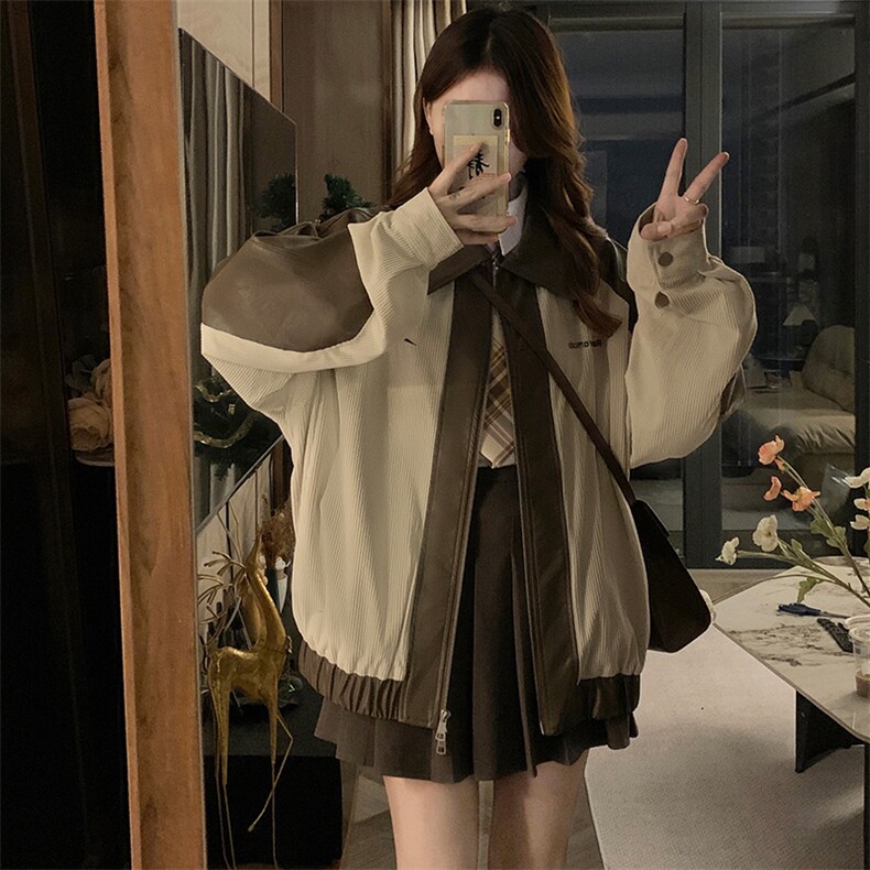 Z5023-P78灯芯绒撞色拼接PU皮刺绣夹克秋冬美式复古潮牌情侣外套，男装夹克，电商C233B