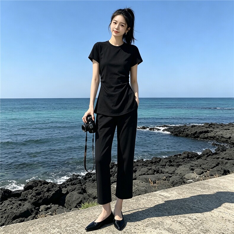 韩系时尚气质套装女夏季新款圆领褶皱收腰上衣双口袋直筒裤两件套,女装套装/套裙,江南