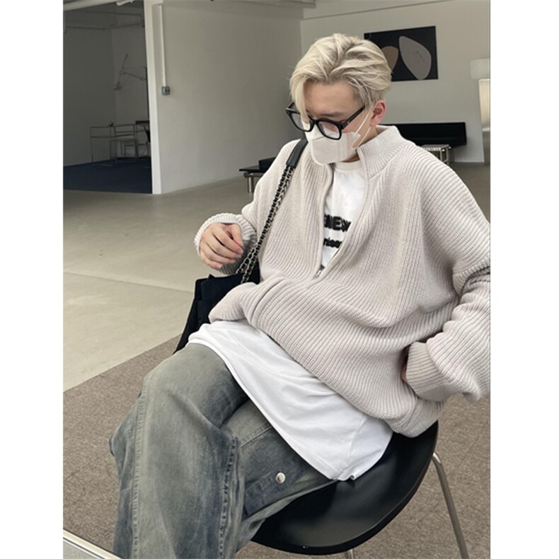 美式复古毛衣外套cleanfit潮高街落肩慵懒风拉链针织开衫,男装针织衫/毛衣,四季星座505