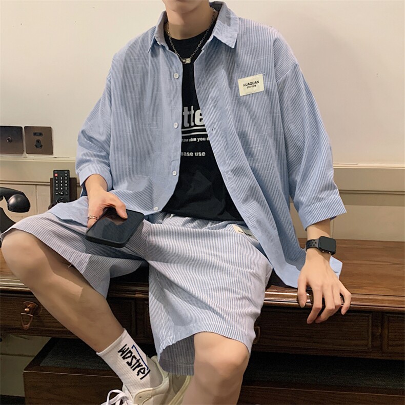 2026夏小清新条纹衬衫五分裤棉质宽松运动套装TZ8090/P65蓝色9，男装休闲套装，电商A094