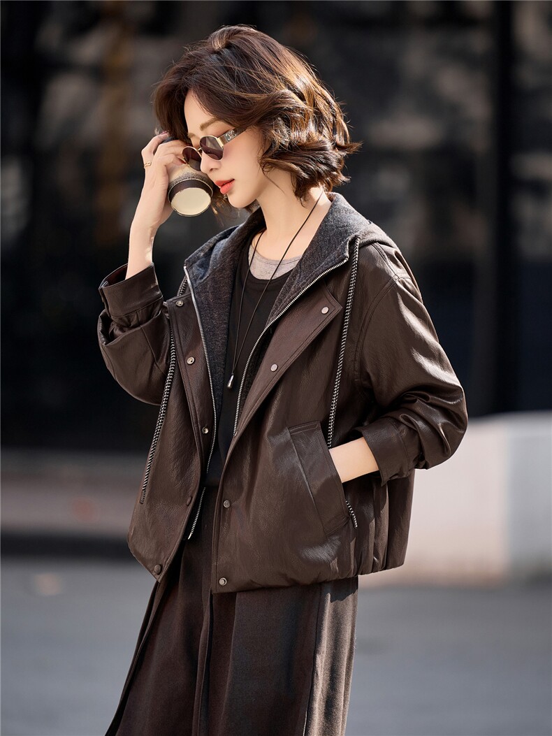 【春季女装新款】2026大量现货时尚休闲春秋连帽假两件皮衣外套,女装皮衣,缘衣格