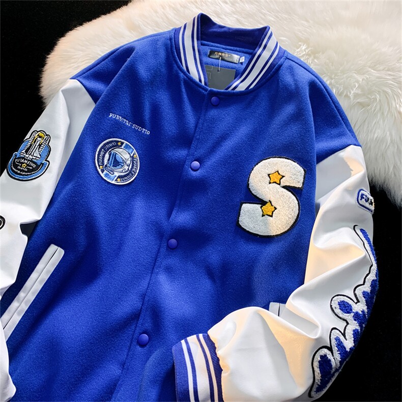克莱因蓝新款2022美式棒球服春秋情侣毛巾绣外套夹克潮W2691-P65,男装夹克,星座512-2