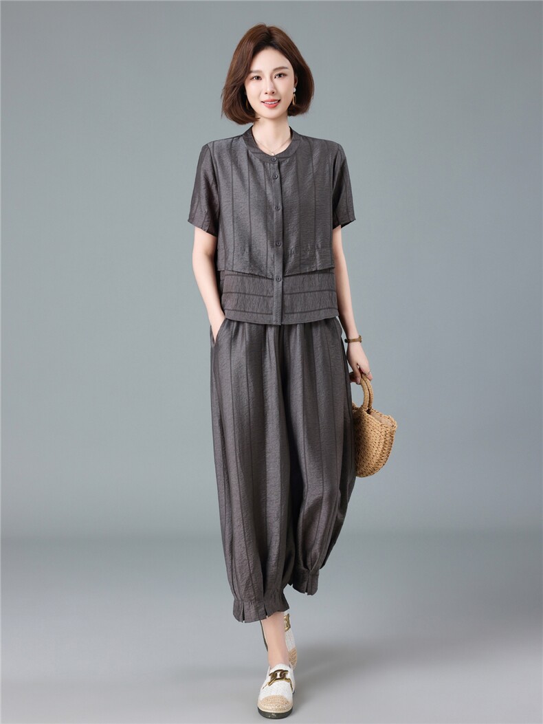 现货2026夏季新款宽松大码减龄莱赛尔衬衫灯笼裤两件套,女装套装/套裙,深水步