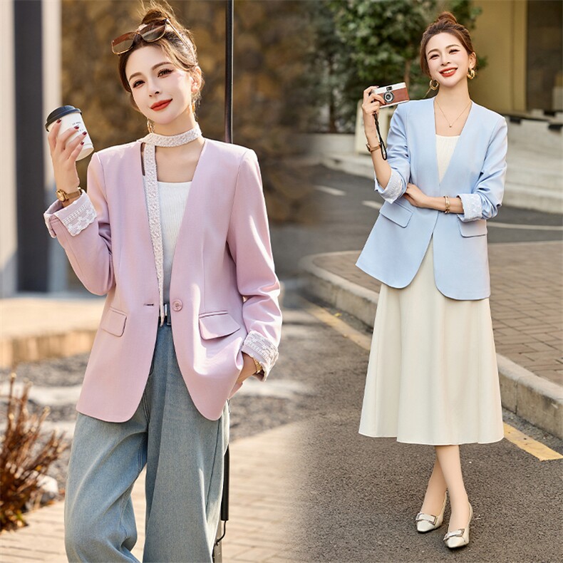欧货精品轻奢女2025春季v领蕾丝边拼接带飘带休闲西服外套小西装图片