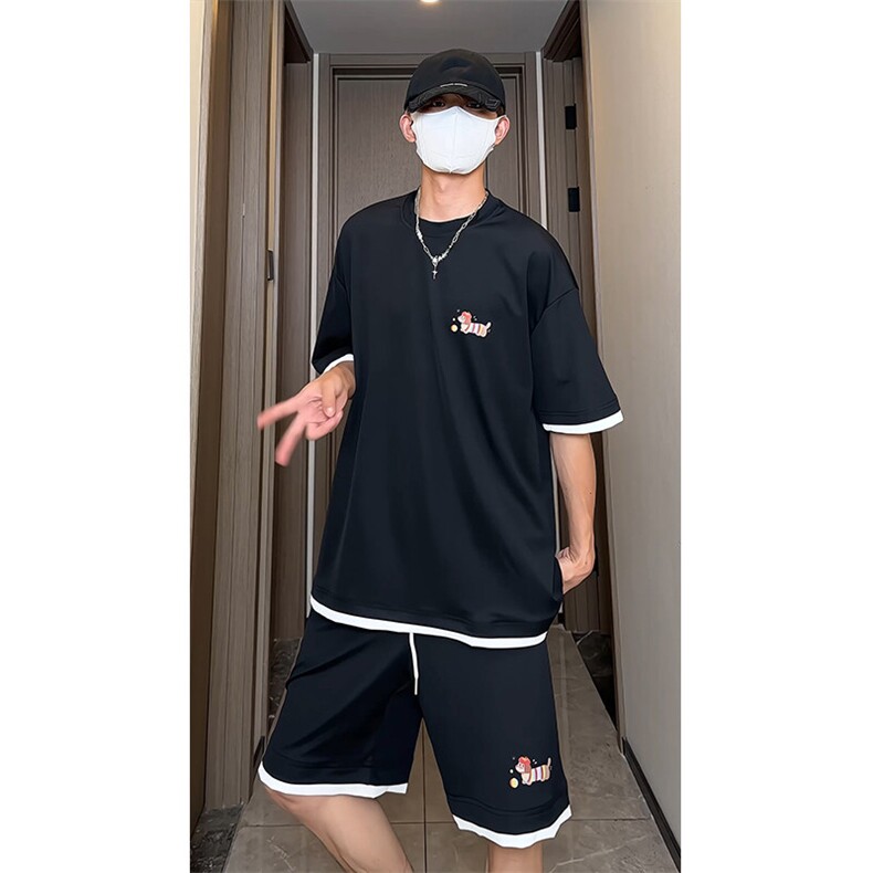 假两件休闲运动短袖套装上衣T3682特P30控58/裤子DK8640特P30控58,男装休闲套装,电商A007